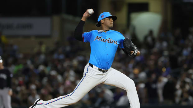 Mar 4, 2024; Jupiter, Florida, USA; Miami Marlins starting pitcher Edward Cabrera (27) delivers a pitch against the New York Yankees during the fourth inning at Roger Dean Chevrolet Stadium.